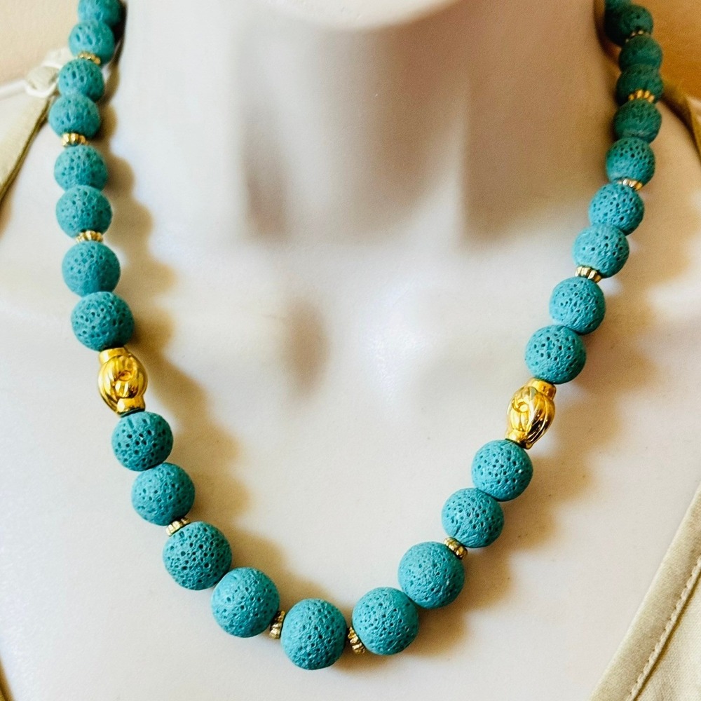 VTG‎ Blue Sponge Coral regal Necklace Genuine Natural beaded Round Beads 74g 18"